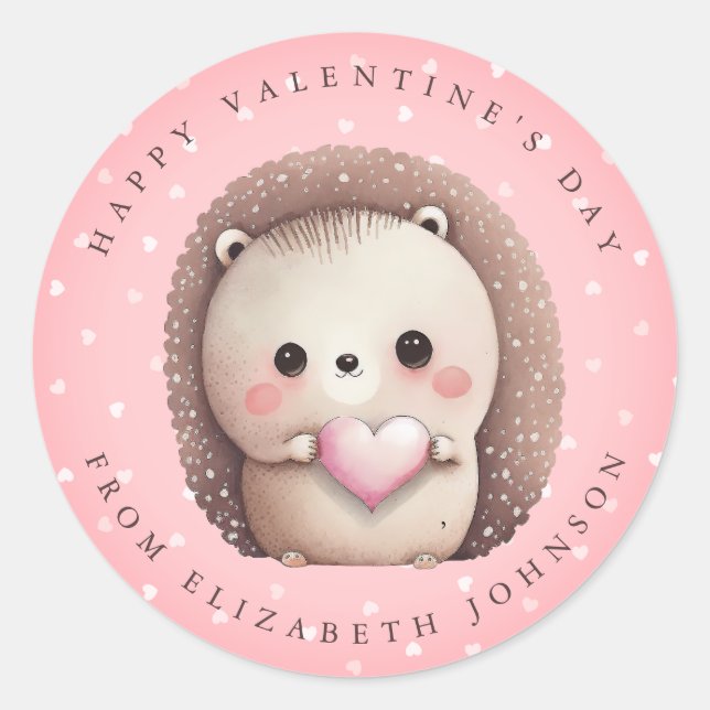 Valentine Hedgehog Personalised Round Stickers (Front)