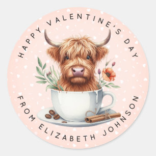 Valentine Highland Cow Personalised Name Round  Cl Classic Round Sticker