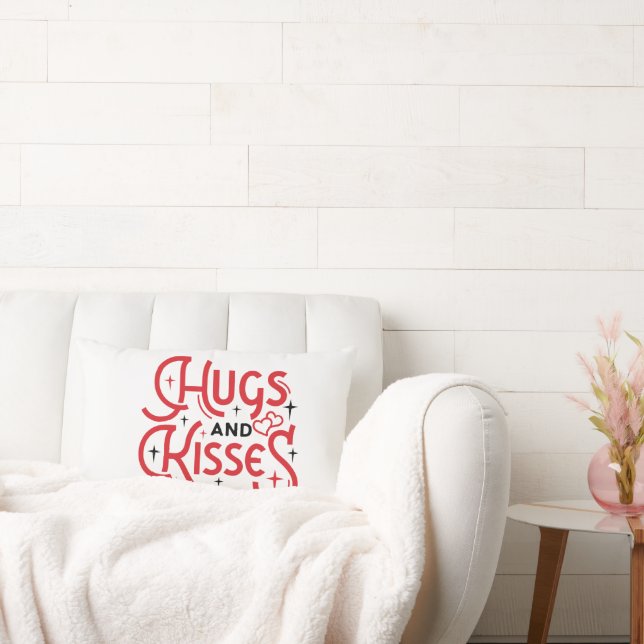 Valentine Hugs and Kisses Red on White Lumbar Cushion (Couch)