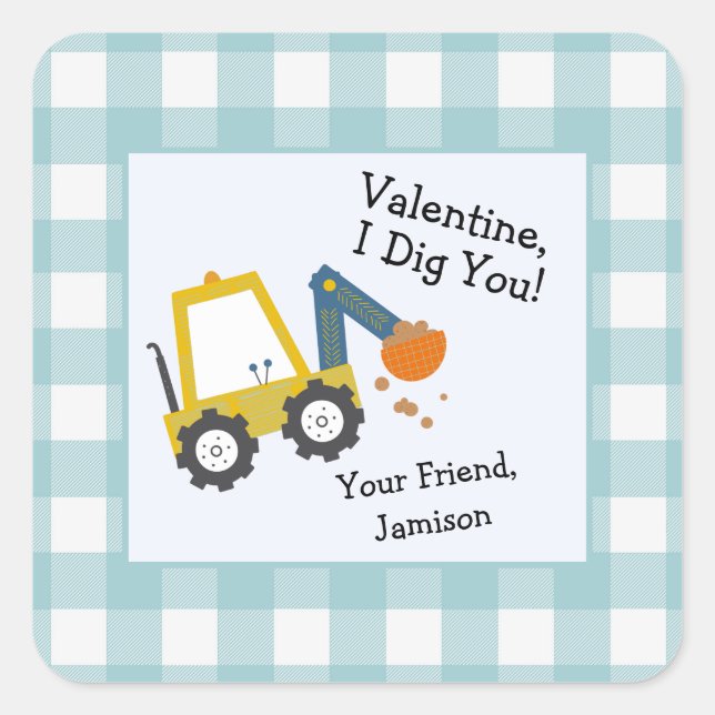 Valentine I Dig You Blue Plaid Square Sticker Favo (Front)