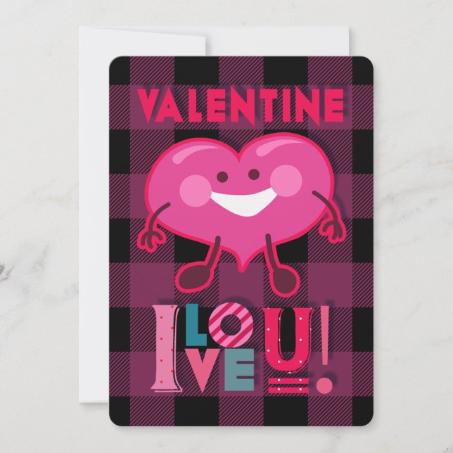 Valentine I Love You! Cute Heart Character, Plaid Holiday Card (Front)