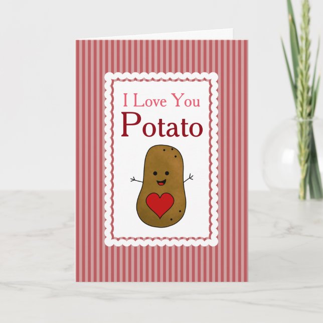 Valentine I Love You Potato, Pink Stripes Holiday Card (Front)