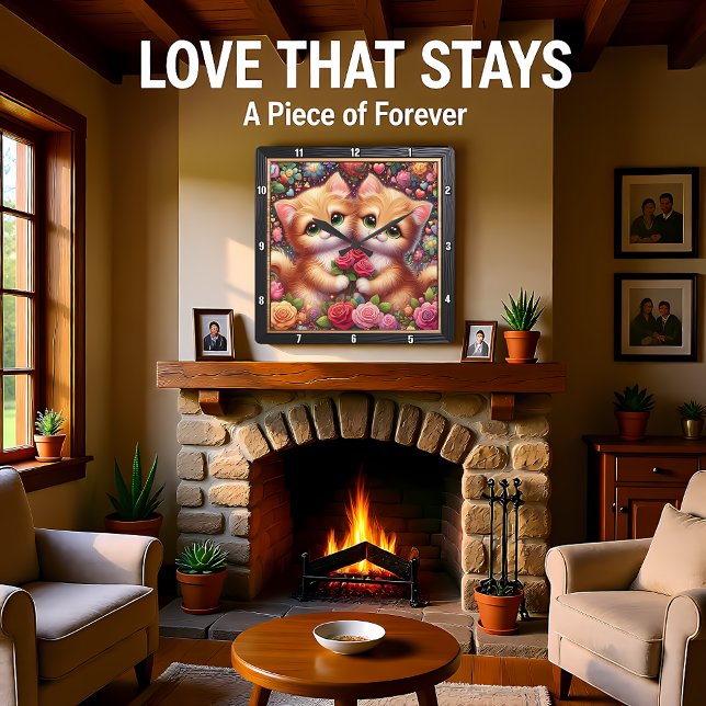 Valentine Kitten Couple Rose Wall Square Wall Clock (Creator Uploaded)