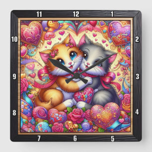 Valentine Kitten Hug Heart Wall Square Wall Clock