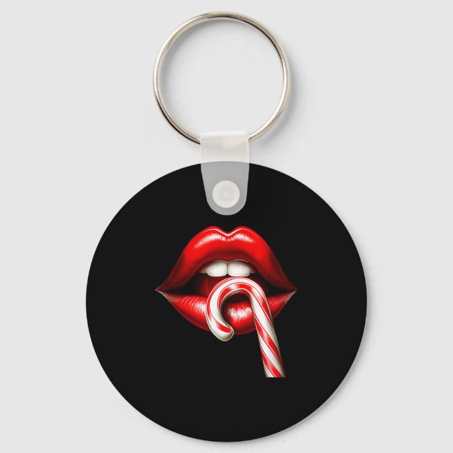 Valentine Lips Kisses Valentines Funny Candy Cane  Key Ring (Front)