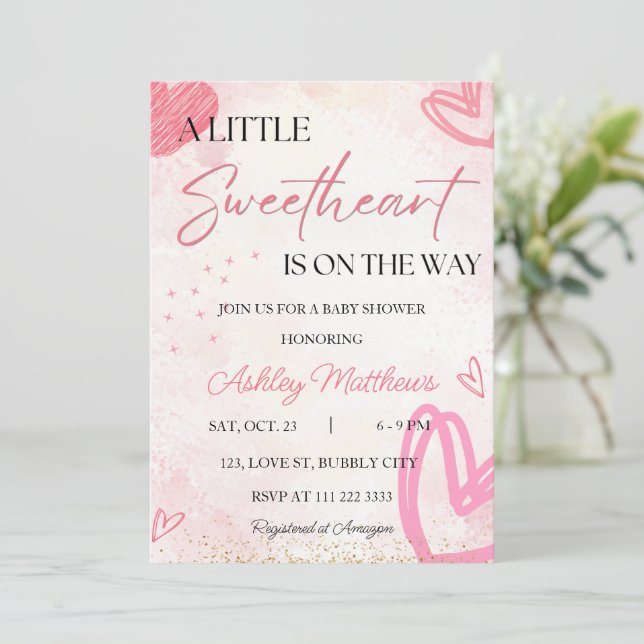 Valentine Little Sweetheart Girl Baby Shower Invitation (Standing Front)