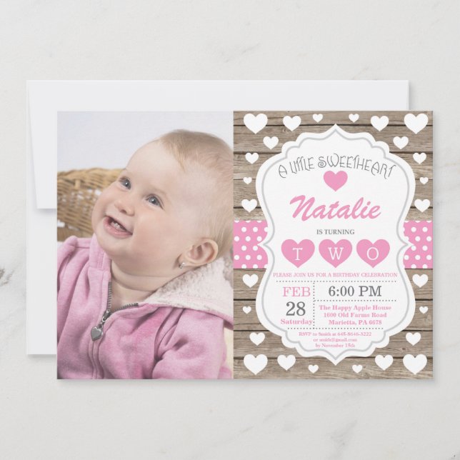 Valentine Little Sweetheart Second 2nd Birthday Invitation (Front)