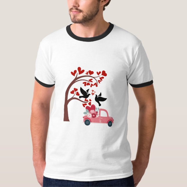 Valentine Love Birds & Floral Pink Truck Tee (Front)