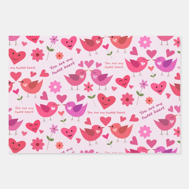 Valentine love birds pattern red and pink  wrapping paper sheet (Front)