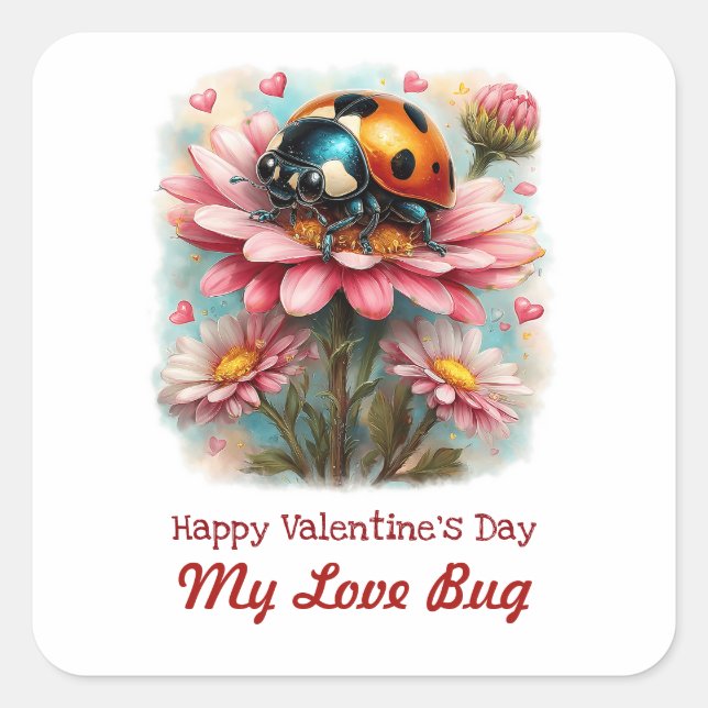  Valentine Love Bug on Blossoms Rose Square Sticker (Front)