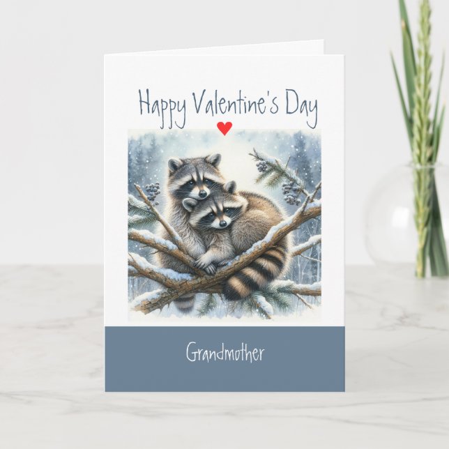 Valentine Love Fun Racoon Kisses Grandmother Holiday Card (Front)