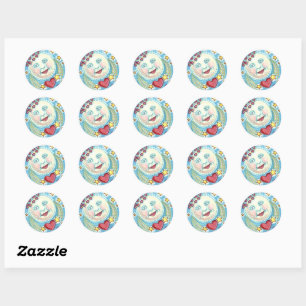 VALENTINE MAN IN THE MOON, HEAVENLY STARS & HEARTS CLASSIC ROUND STICKER