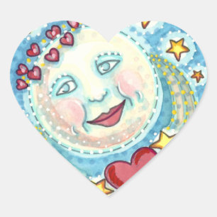VALENTINE MAN IN THE MOON, HEAVENLY STARS & HEARTS HEART STICKER