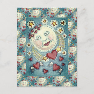 VALENTINE MAN IN THE MOON, HEAVENLY STARS & HEARTS HOLIDAY POSTCARD