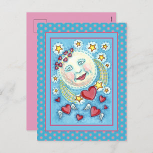 VALENTINE MAN IN THE MOON, HEAVENLY STARS & HEARTS HOLIDAY POSTCARD