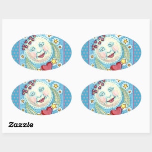 VALENTINE MAN IN THE MOON, HEAVENLY STARS & HEARTS OVAL STICKER