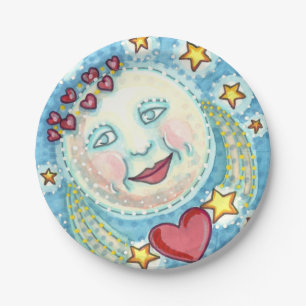 VALENTINE MAN IN THE MOON, HEAVENLY STARS & HEARTS PAPER PLATE