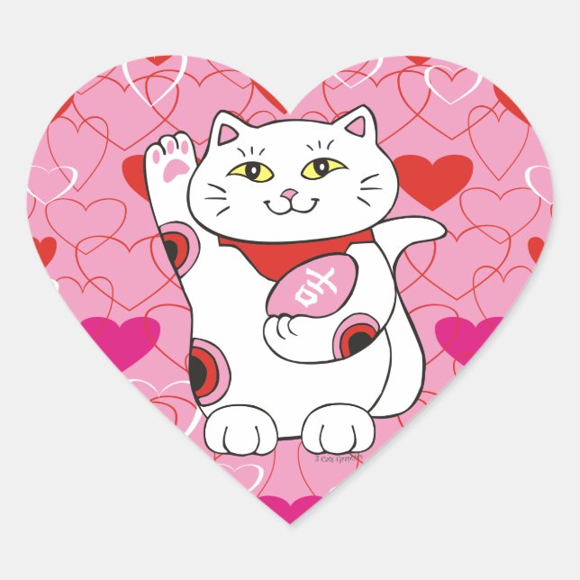 Valentine Maneki Neko Lucky Cat Heart Sticker (Front)
