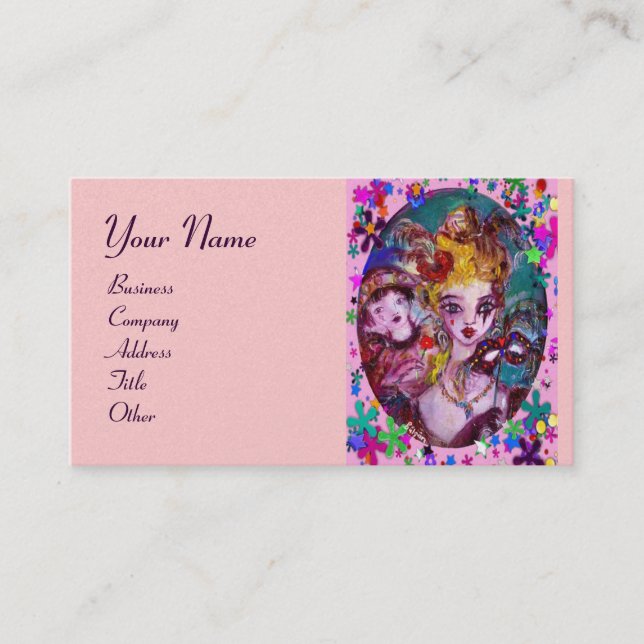 VALENTINE MASQUERADE MASKS ,CONFETTI,pink purple Business Card (Front)