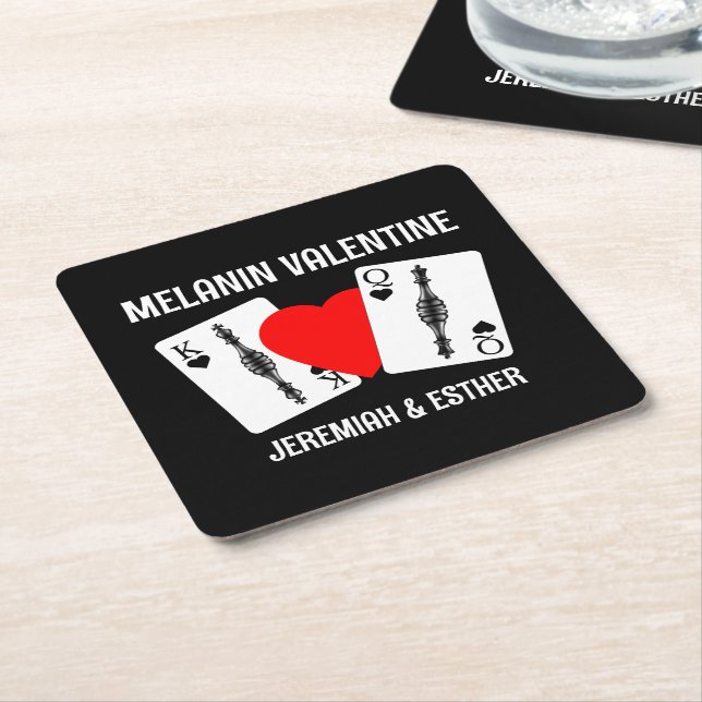 Valentine MELANIN QUEEN KING PLAYING CARDS Couples Square Paper Coaster (Angled)