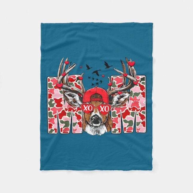 Valentine Mom Camo Deer Buck Hunting Matching Vale Fleece Blanket (Front)