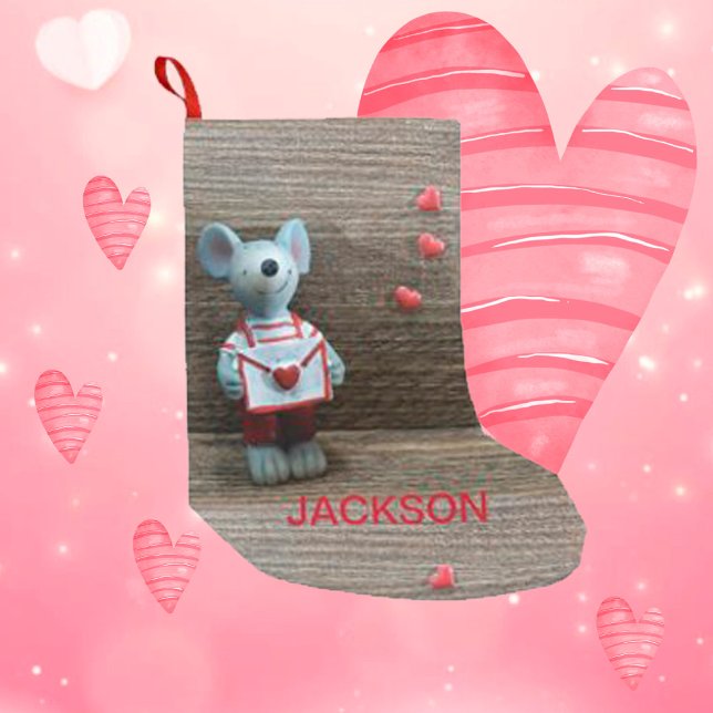 Valentine Mouse and Hearts on Country Rustic Wood Small Christmas Stocking (Creator Uploaded)