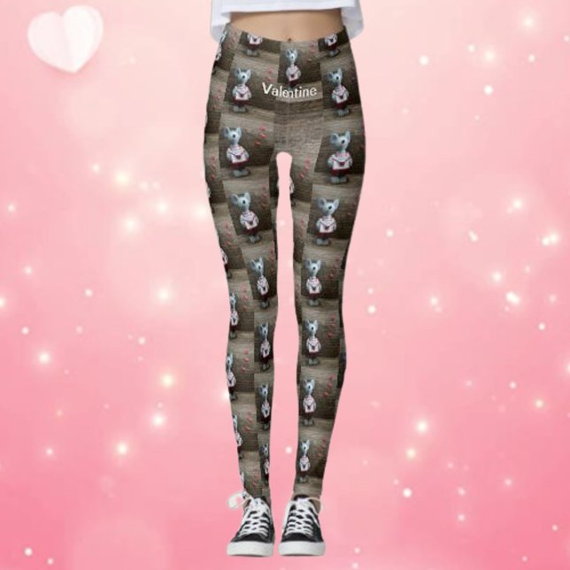 Valentine Mouse Hearts Country Rustic Wood Trendy Leggings (Creator Uploaded)
