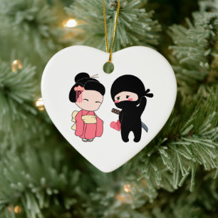 Valentine Ninja and Geisha Ceramic Tree Decoration