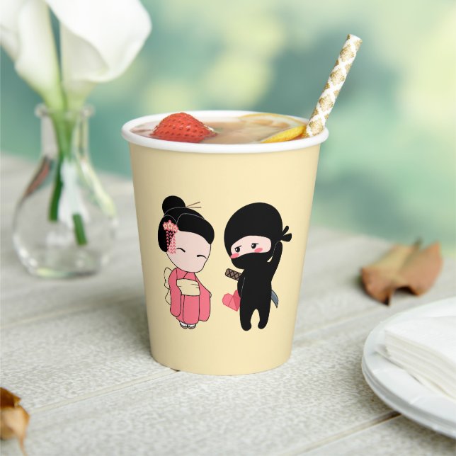Valentine Ninja and Geisha on Yellow Paper Cups (Insitu)
