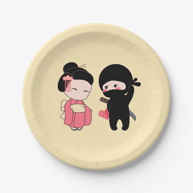 Valentine Ninja and Geisha on Yellow Paper Plate (Front)