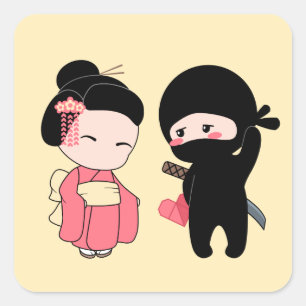 Valentine Ninja and Geisha on Yellow Square Sticker