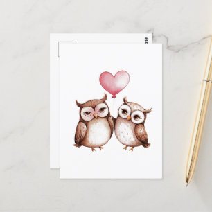 Valentine Owls and Heart Balloon Postcard