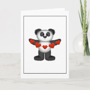 Valentine Panda Bear Holding String of Red Hearts Holiday Card