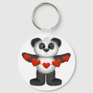 Valentine Panda Bear Holding String of Red Hearts Key Ring