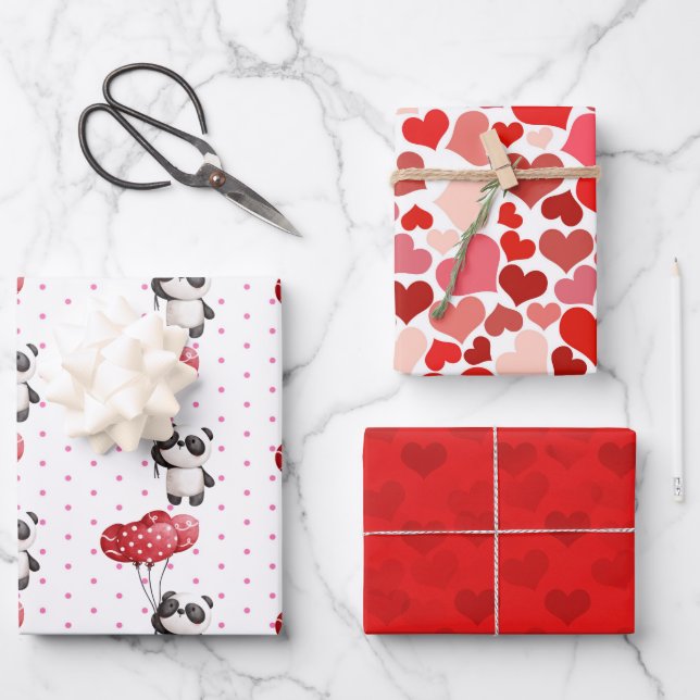 Valentine Panda Bears and Hearts 3 Design Set Wrapping Paper Sheet (Front)