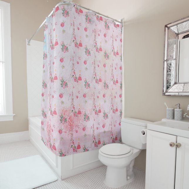 Valentine-Paris-Girl-Eiffeltower in pink -Pattern Shower Curtain (In Situ)