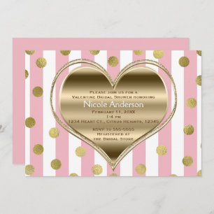 Valentine Party Silver Heart Pink & White Stripes Invitation