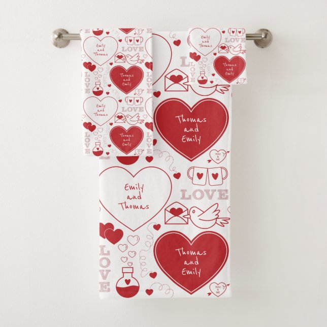 Valentine Pattern Bath Towel Set - Red on White (Insitu)