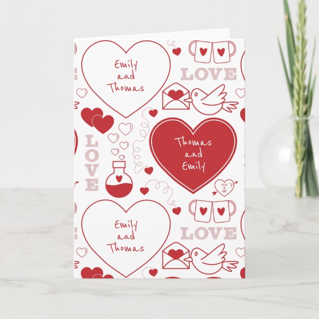Valentine Pattern Greeting Card - Red on White (Front)