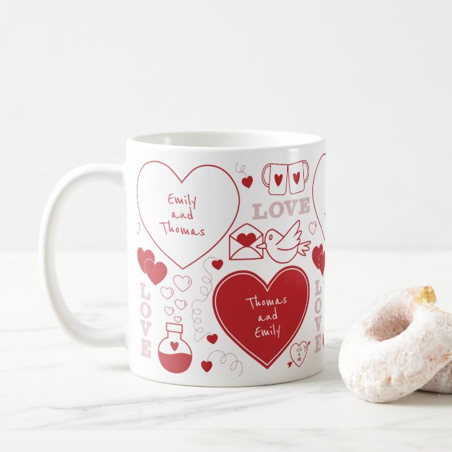 Valentine Pattern Mug - Red on White (With Donut)