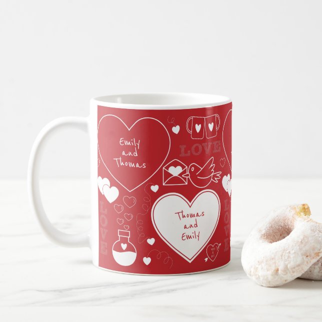 Valentine Pattern Mug - White on Red (With Donut)
