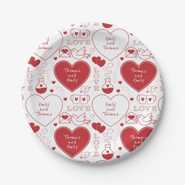 Valentine Pattern Paper Plate - Red on White |2| (Front)