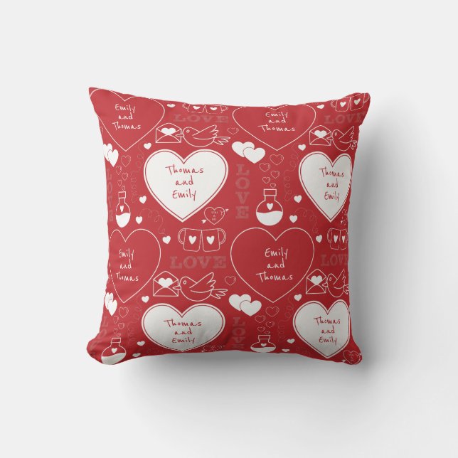 Valentine Pattern Pillow - White on Red (Front)
