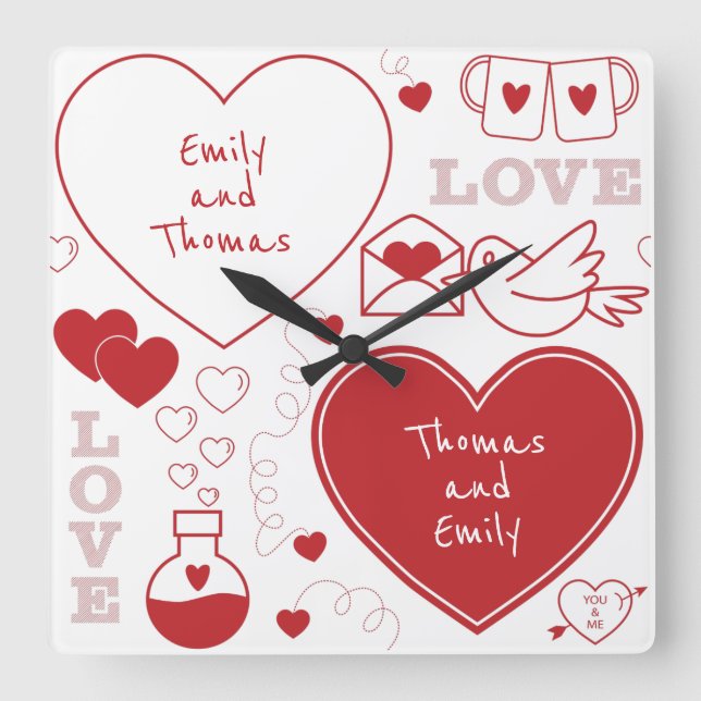 Valentine Pattern Wall Clock - Red on White (Front)