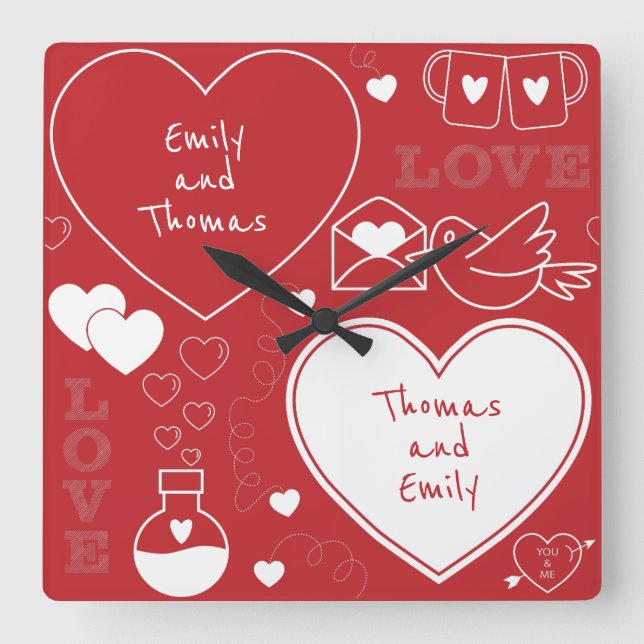Valentine Pattern Wall Clock - White on Red (Front)