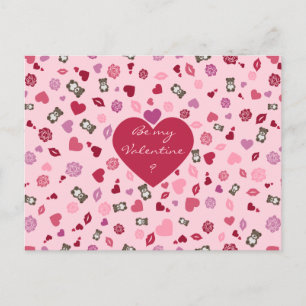 Valentine pattern with bears, roses and hearts holiday postcard