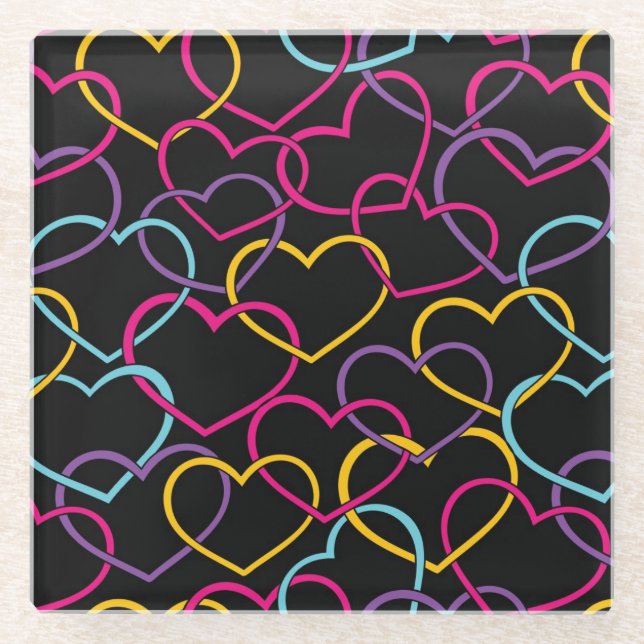 Valentine Pattern with Colour Hearts Glass Coaster (Front)