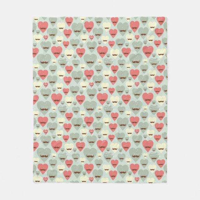 Valentine pattern with heart and moustache fleece blanket (Front)