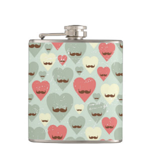 Valentine pattern with heart and moustache hip flask