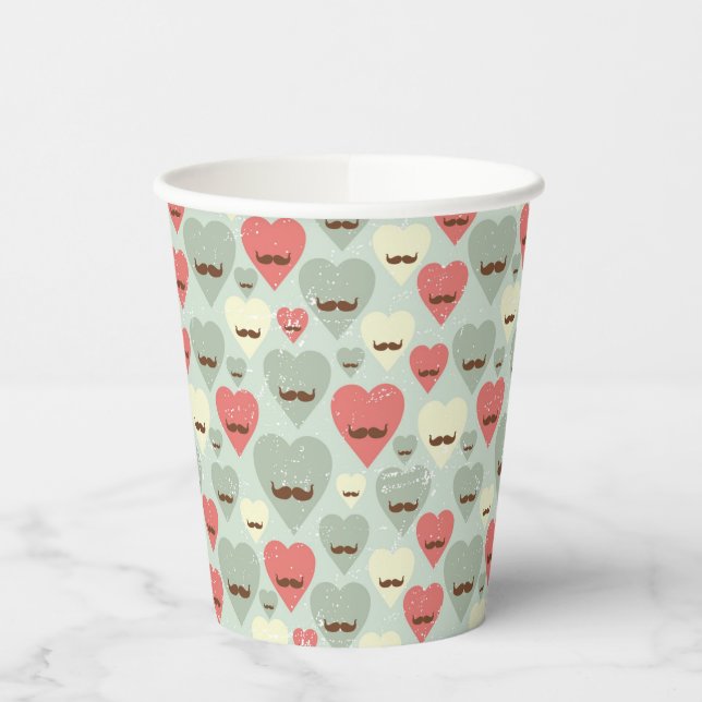 Valentine pattern with heart and moustache paper cups (Left)